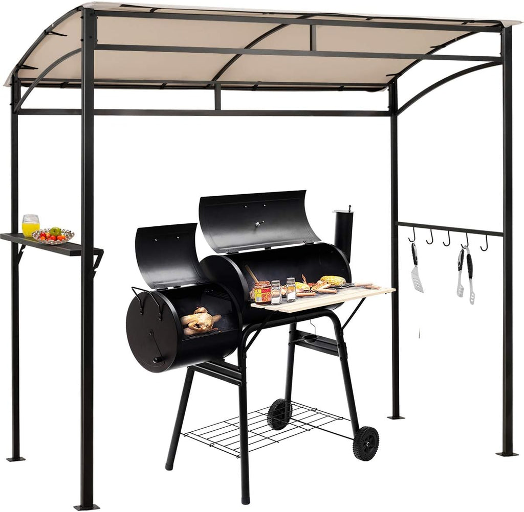 Tangkula 7ft Grill Gazebo, Patio Barbecue Canopy with Serving Shelf and Storage Hooks, Curved Grill Shelter w/Heavy-Duty Steel Frame Sunshade Gazebo for Outdoor Garden (Beige)