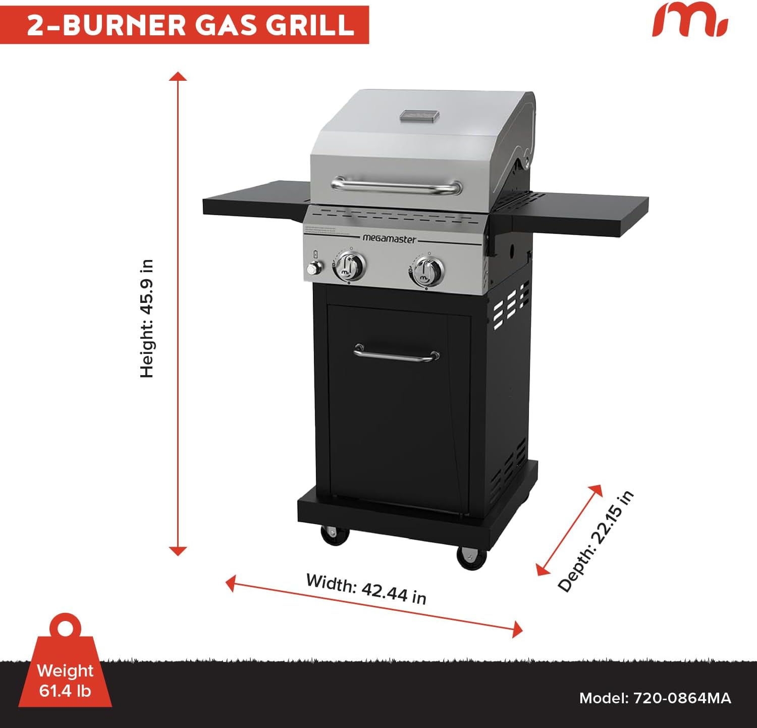 Megamaster Deluxe 2-Burner Gas Grill with Foldable Side Tables, 418 SQ In Cooking Space, 28000 BTUs, Stainless Steel Lid, Propane BBQ Grill for Outdoor Cooking, Patios, Backyards and More - 720-0864MA