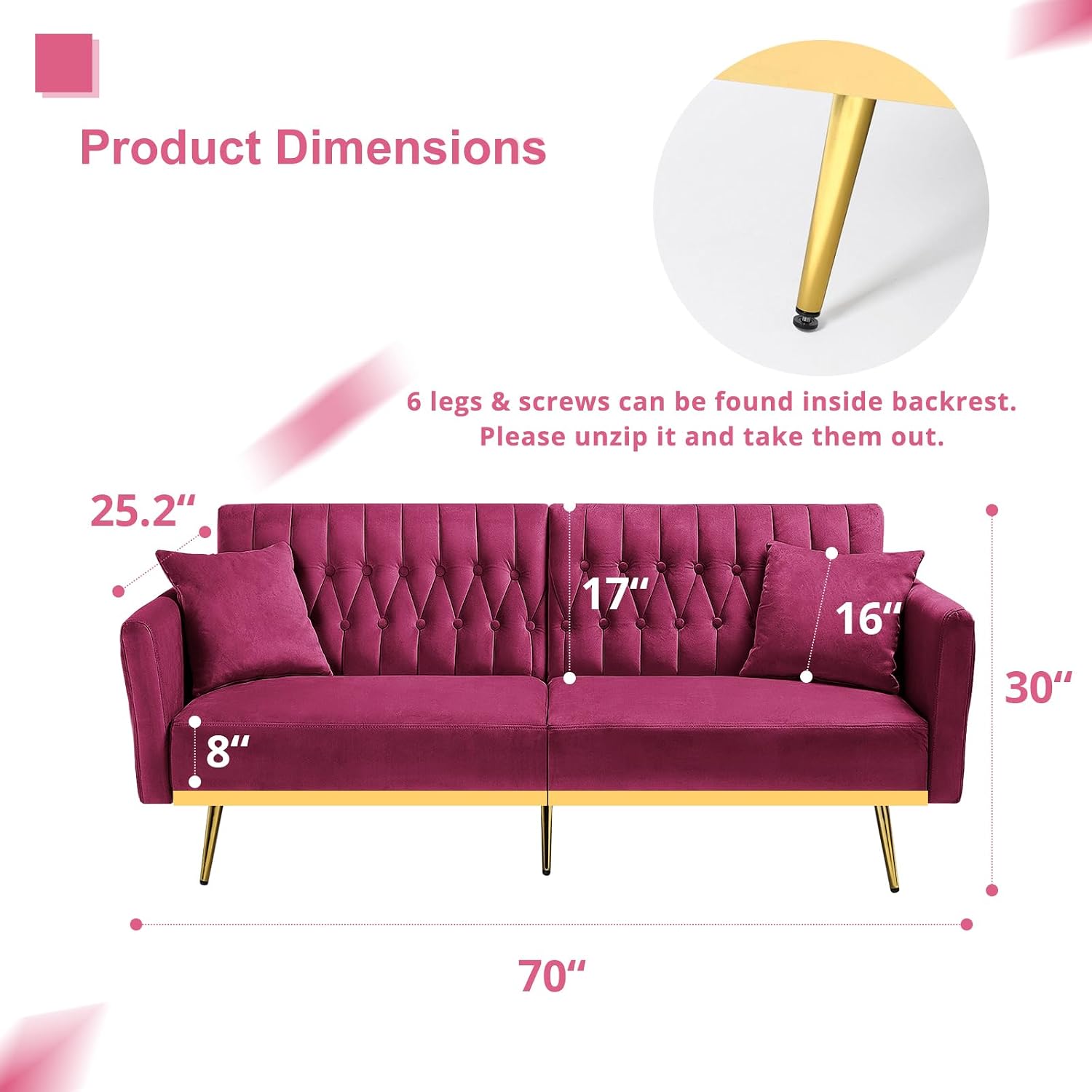 70' Velvet Futon Sofa Bed with 2 Pillows and Adjustable Armrests, Convertible Sleeper Bed W/Adjustable Backrests, Modern Loveseat for Living Room, Bedroom, Fuchsia