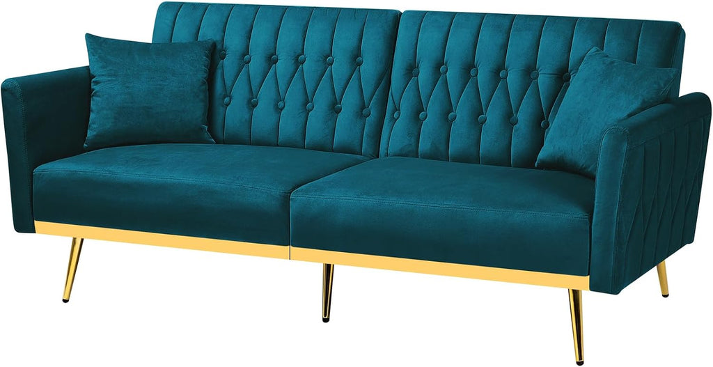 70' Velvet Futon Sofa Bed w/Adjustable Armrests and Backrest, Convertible Futon Couch w/2 Pillows, Modern Sleeper Bed for Living Room, Bedroom, Teal