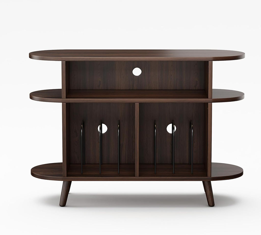 LIVEHOM Large Round Record Player Stand, Wood Record Storage Cabinet, Vinyl Record Holder with Display Area, Mid Century Modern Turntable for Living Room, Bedroom
