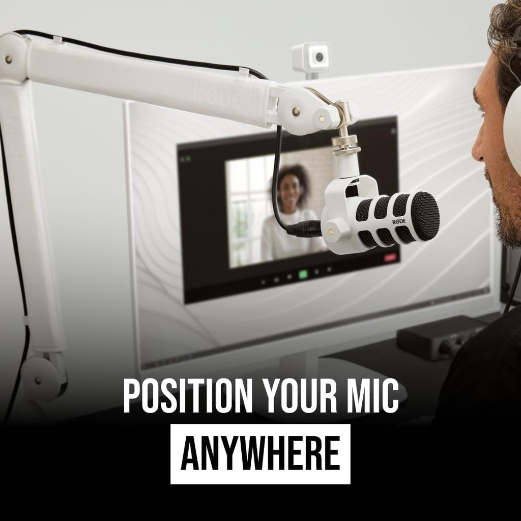 RODE PodMic Dynamic Podcasting Microphone (White) with RODE PSA1+ Professional Studio Arm (White) and XLR Cable