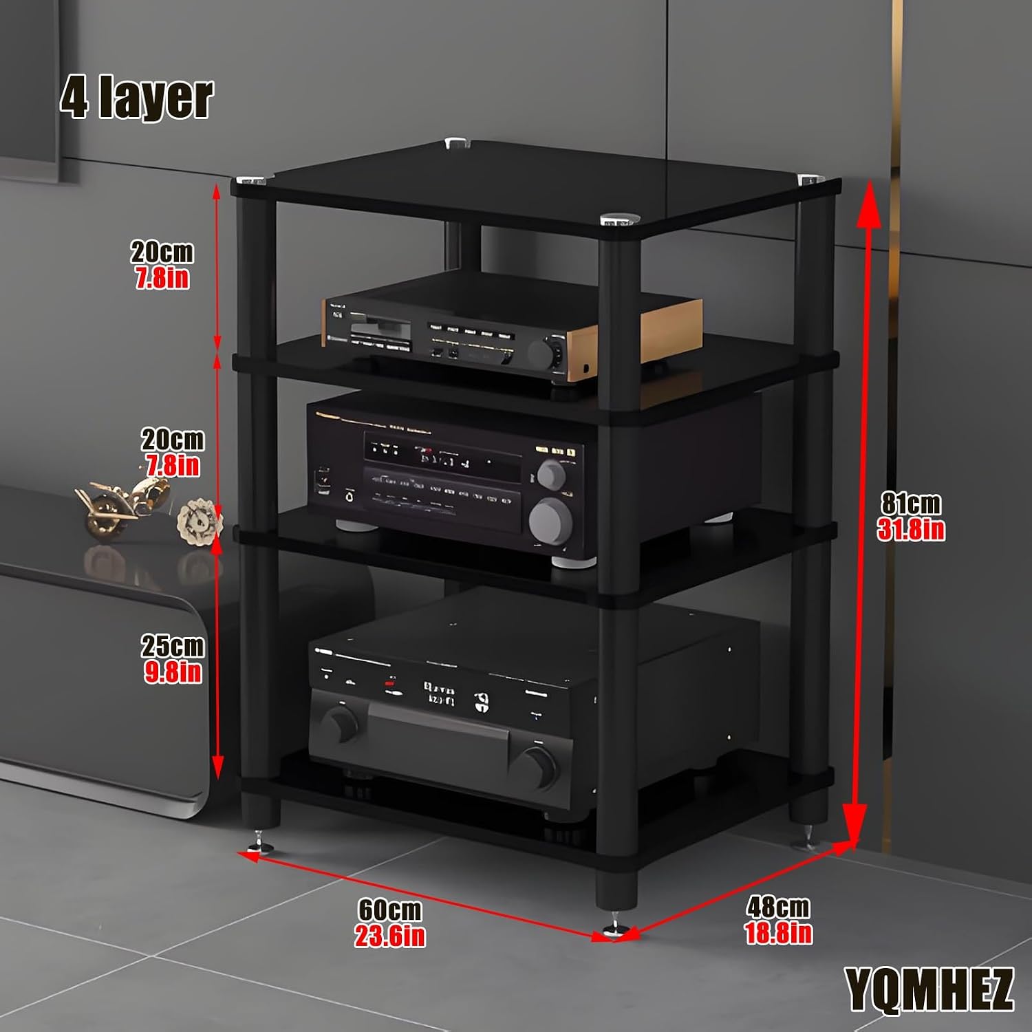 Media Storage Cabinet, Audio Video, Multi-Function Open Storage TV Stand, with Shock-Absorbing Feet Power Amplifier Shelf Equipment Cabinet for Living Room(Black,23.6'x18.8'x31.8')