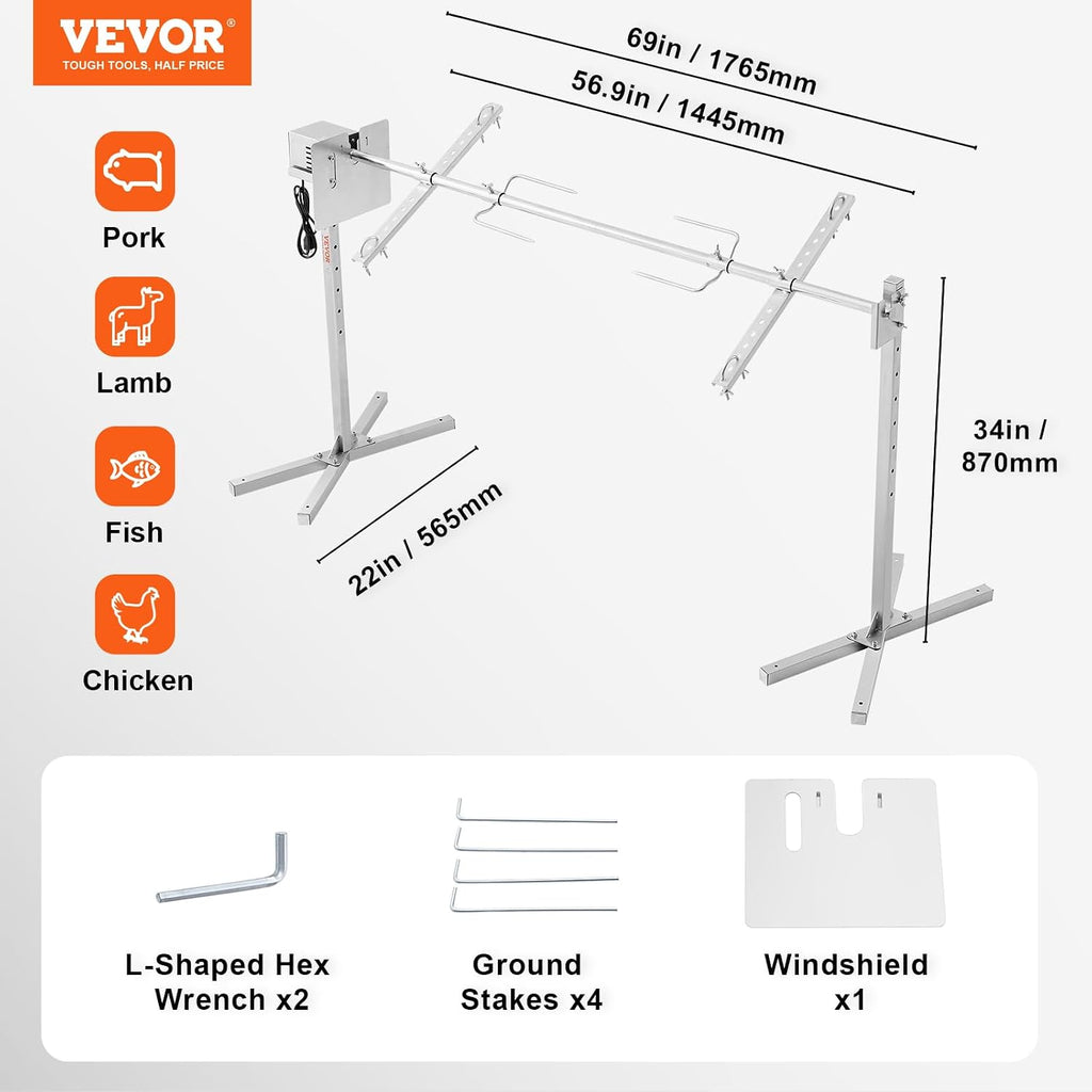 VEVOR Electric BBQ Rotisserie Grill Kit, 56 Inch 130 lbs Capacity, Automatic 52W Motor Height Adjustable Universal Roaster Stand, Stainless Steel Grilling Kit, Spit Rod with Heat Shield for Pig Lamb