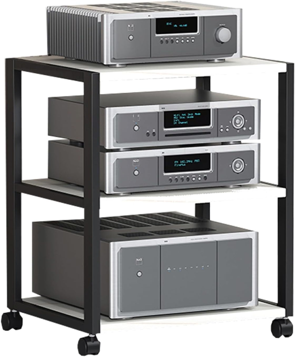 Rolling Audio Component Rack Tower Media Stereo Stand Equipment Shelves, Modern Stereo Cabinet Black White, Hi-fi Separates On Wheels for Home Record Player/DVD(White,3-Layer)