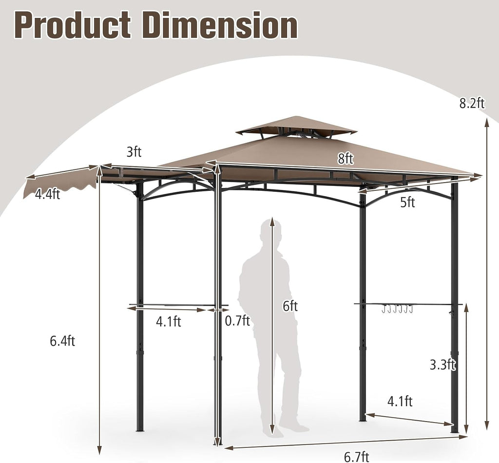 Tangkula 11x5 FT Grill Gazebo with Side Awning, 2-Tier Barbecue Gazebo with 2 Shelves, 12 Hanging Hooks, Bottle Opener, Outdoor Grill Canopy for Backyard Garden Poolside (Brown)