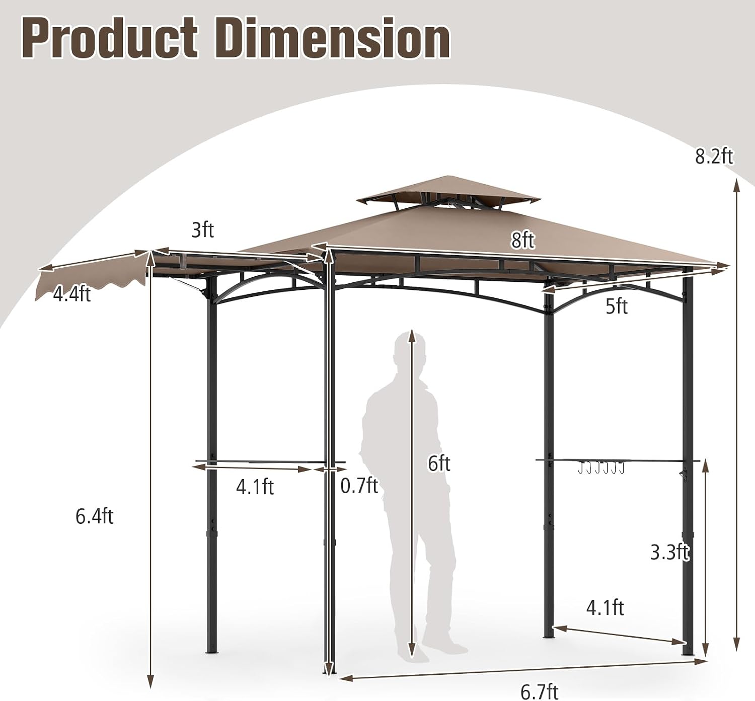 Tangkula 11x5 FT Grill Gazebo with Side Awning, 2-Tier Barbecue Gazebo with 2 Shelves, 12 Hanging Hooks, Bottle Opener, Outdoor Grill Canopy for Backyard Garden Poolside (Brown)