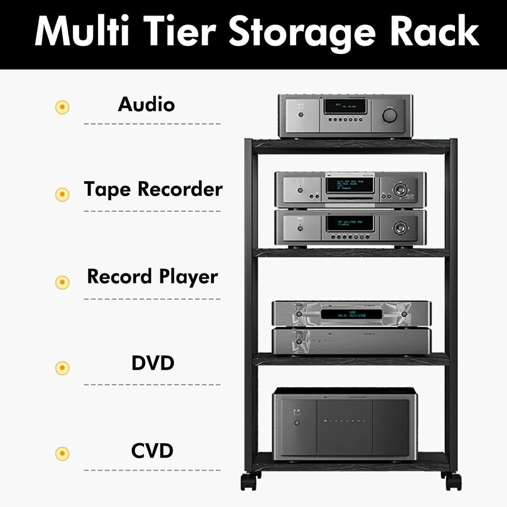 Rolling Audio Component Rack Tower Media Stereo Stand Equipment Shelves, Modern Stereo Cabinet Black White, Hi-fi Separates On Wheels for Home Record Player/DVD(White,2-Layer)