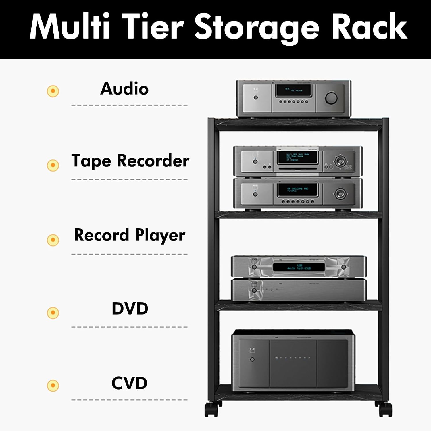 Rolling Audio Component Rack Tower Media Stereo Stand Equipment Shelves, Modern Stereo Cabinet Black White, Hi-fi Separates On Wheels for Home Record Player/DVD(White,2-Layer)