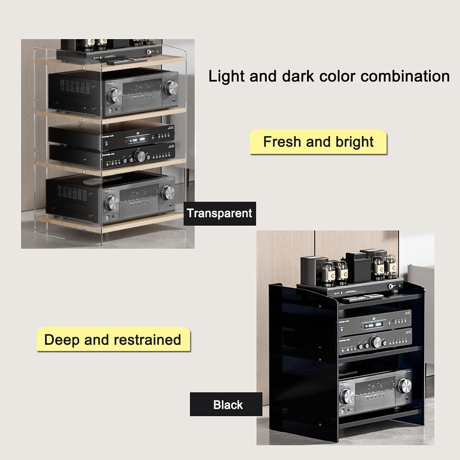 Acrylic Media Stand, Audio Rack Shelf, Stereo Cabinet with Adjustable Shelves, High Border Media Storage Cabinet, Audio Component Rack Tower Media Stereo Stand Equipment Shelves(Clear+Log,4-