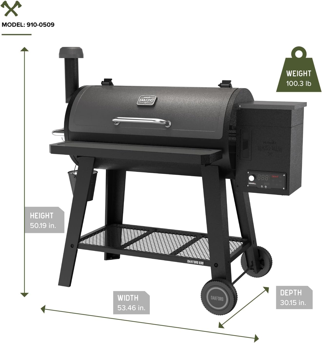 Oakford 930 Wood Pellet Grill with 930 SQ In Cooking Area, Steel Wire Grates, I-Site View Indicator, Heavy Duty Pellet Smoker Grill with Bluetooth Connectivity - 910-0509
