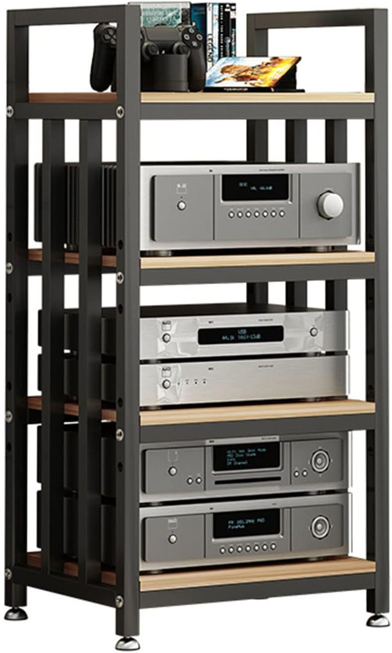 Movable Media Stand 4 Tier Furniture Media Stand Audio Rack DVD Cd Player Stand Power Amplifier Equipment Cabinet with Height Adjustable Wooden Shelf-Black