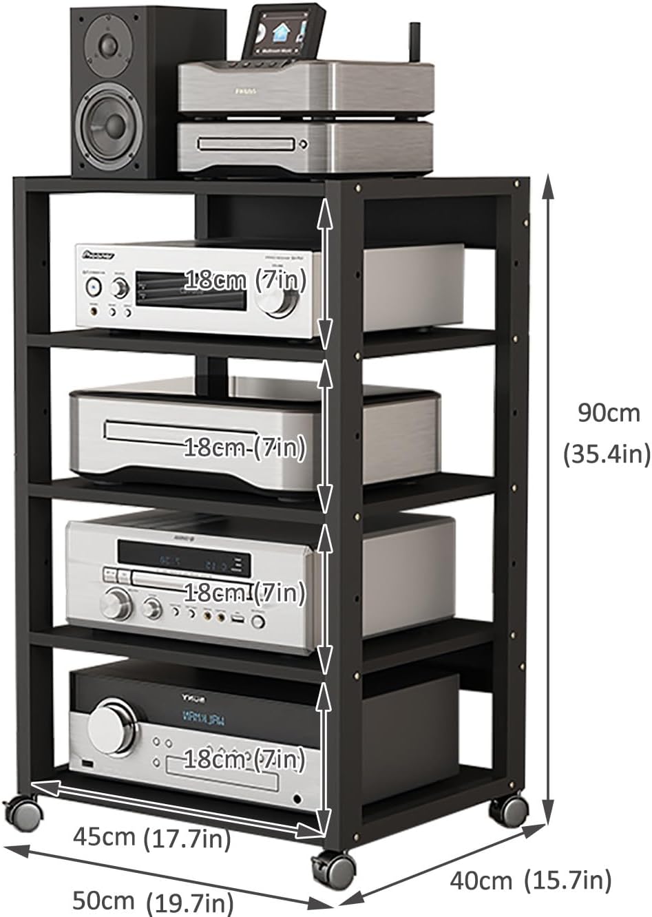 AV Media Tower Stereo Cabinet, 3/4/5 Tier Floor-Standing Audio Rack CD DVD Record Player Stand, Movable Corner Storage Shelf with Wheels for Home Theater, Black(5 Tier)