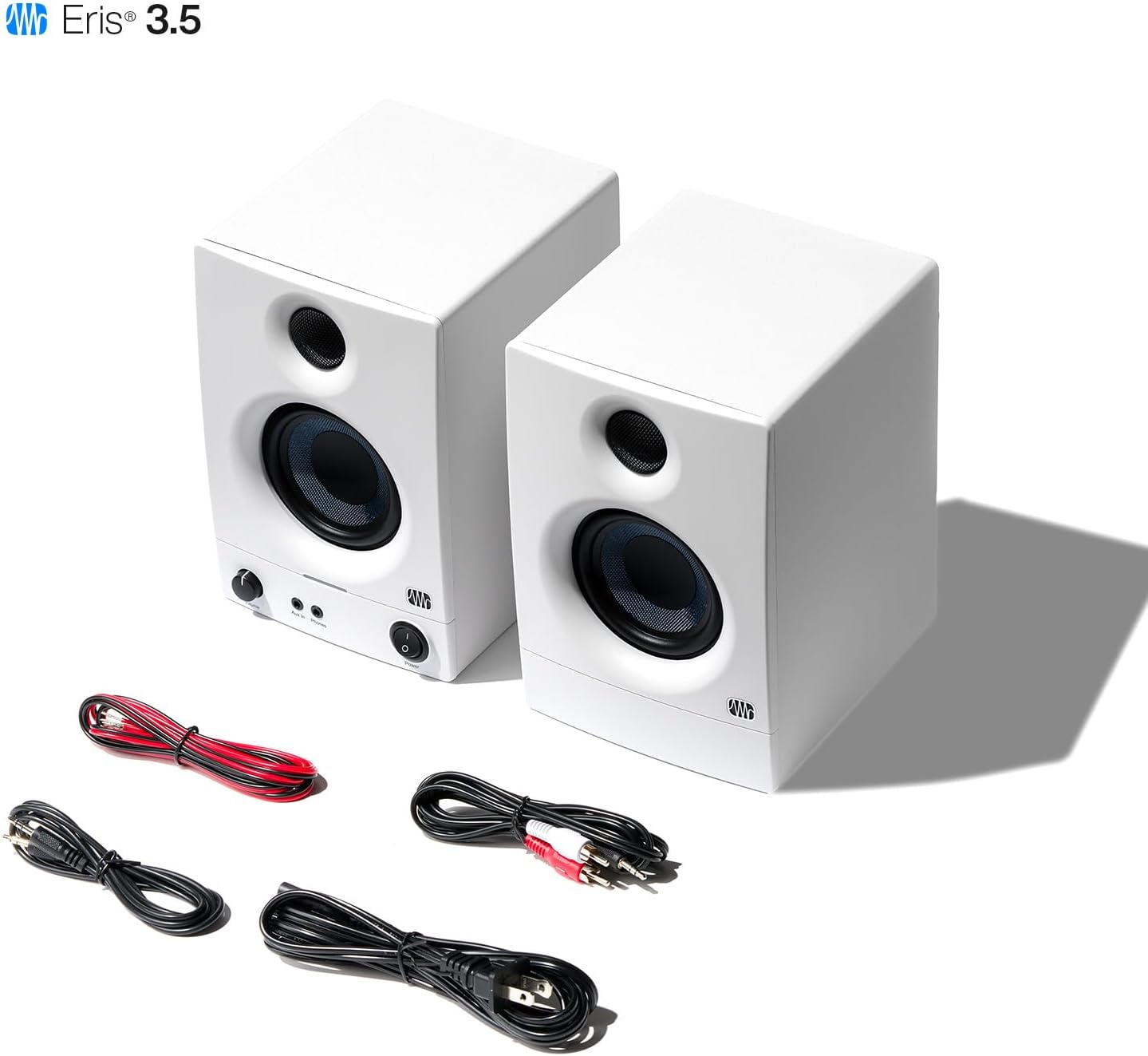 PreSonus Eris 3.5 Studio Monitors (White), Pair — 3.5' Inch Powered Bookshelf Speakers, Stereo, Desktop Computer, Near Field Music Production, Audio Mixing Recording