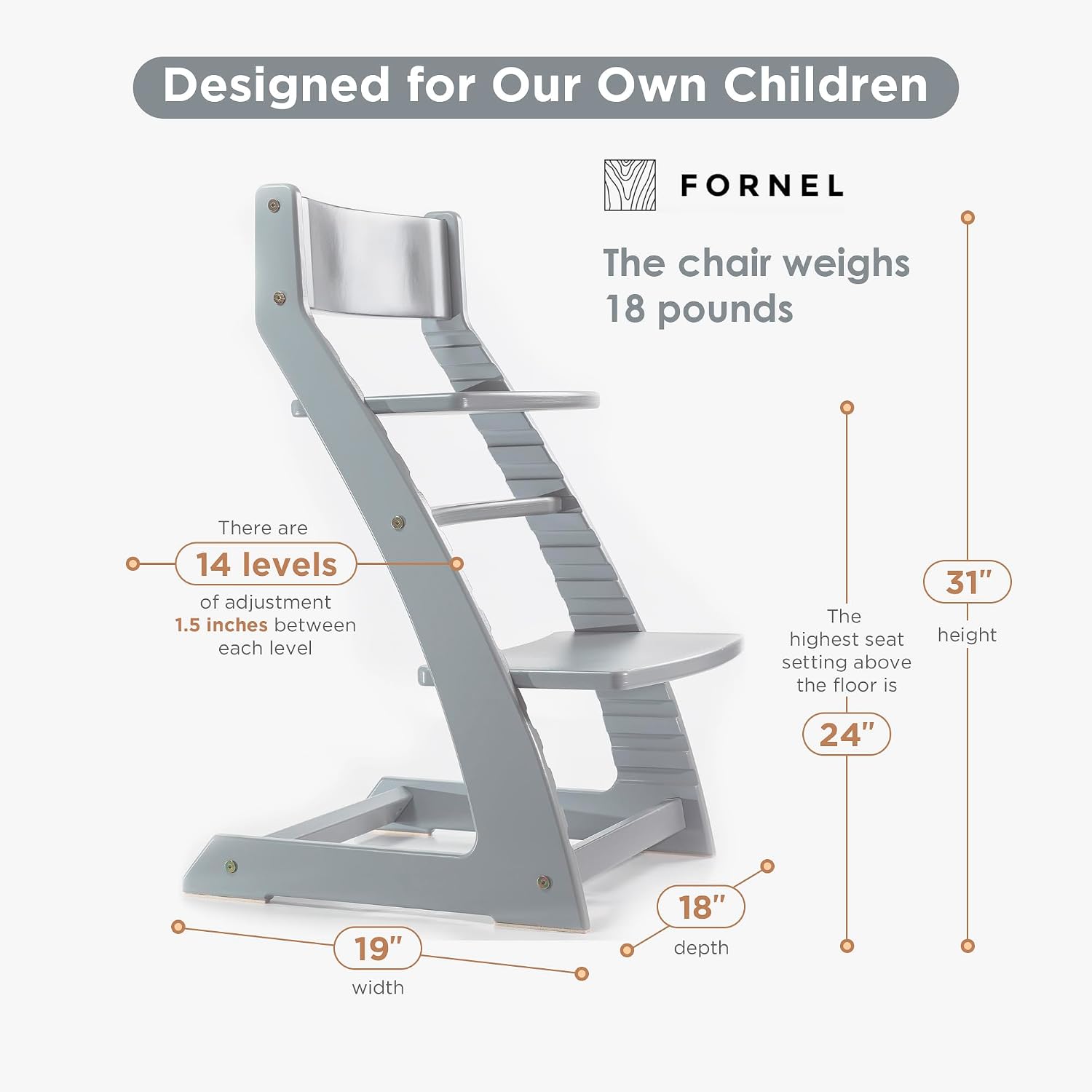 FORNEL Grey Wooden High Chair for Toddlers | The Grow-with-Me Adjustable Chair for Modern Farmhouse & Scandinavian Kitchens | Premium European Style Convertible Seat