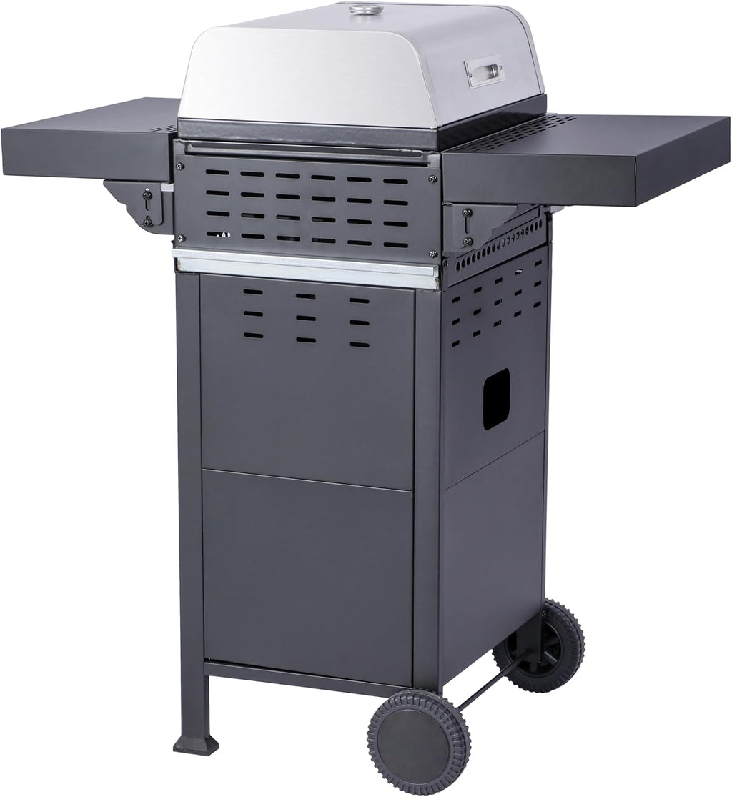 2-Burner Propane Gas BBQ Grill, Pizza Box, 24600BTU Output With Wire Enamel Cooking Grids For Outdoor Barbecue, Foldable Side Table, Hanging Basket, Stainless Steel