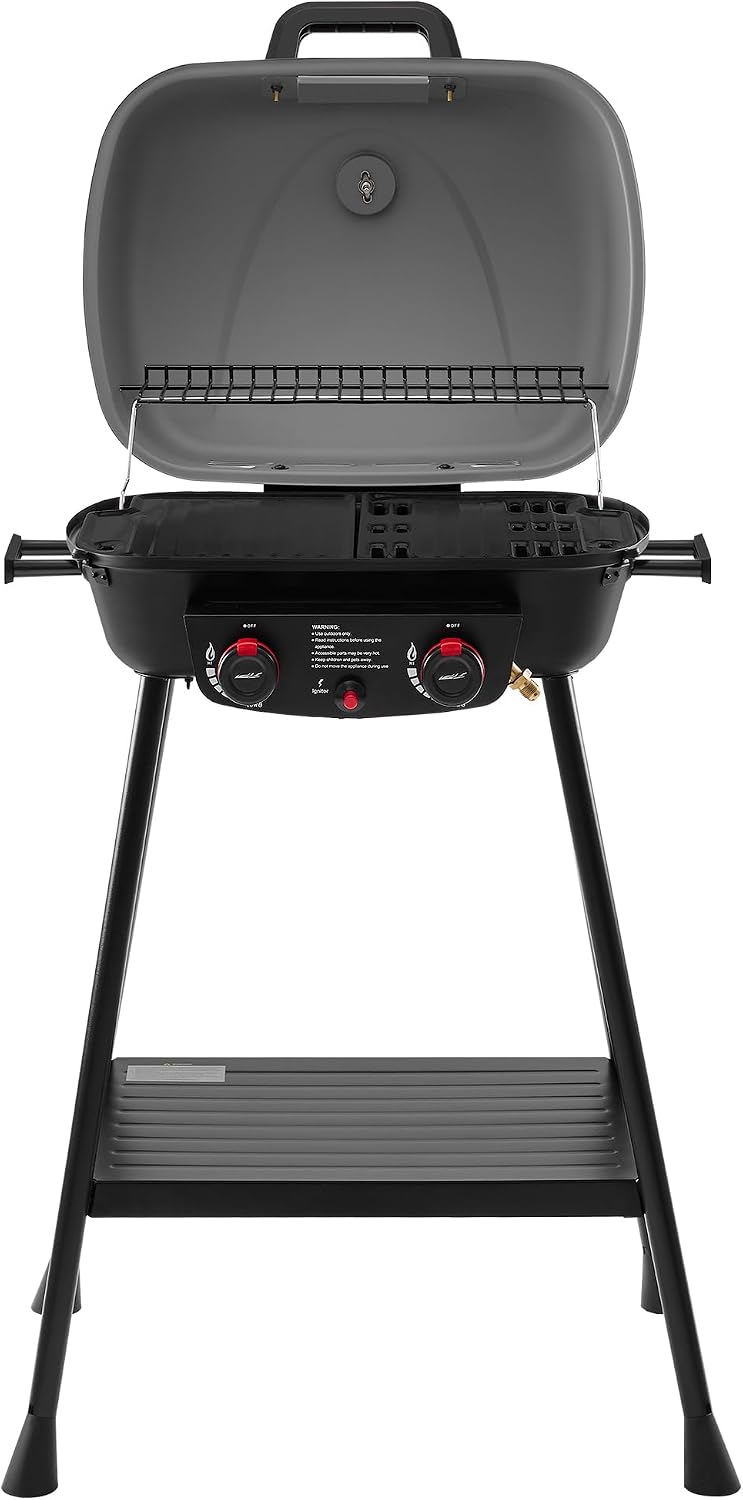 Royal Gourmet GT2003 Portable 2 Burner Propane Gas Grill with Stand and Warming Rack, 2-in-1 Grill Griddle Combo with 17,000 BTUs Output forCamping, Tailgating, Backyard, Gray