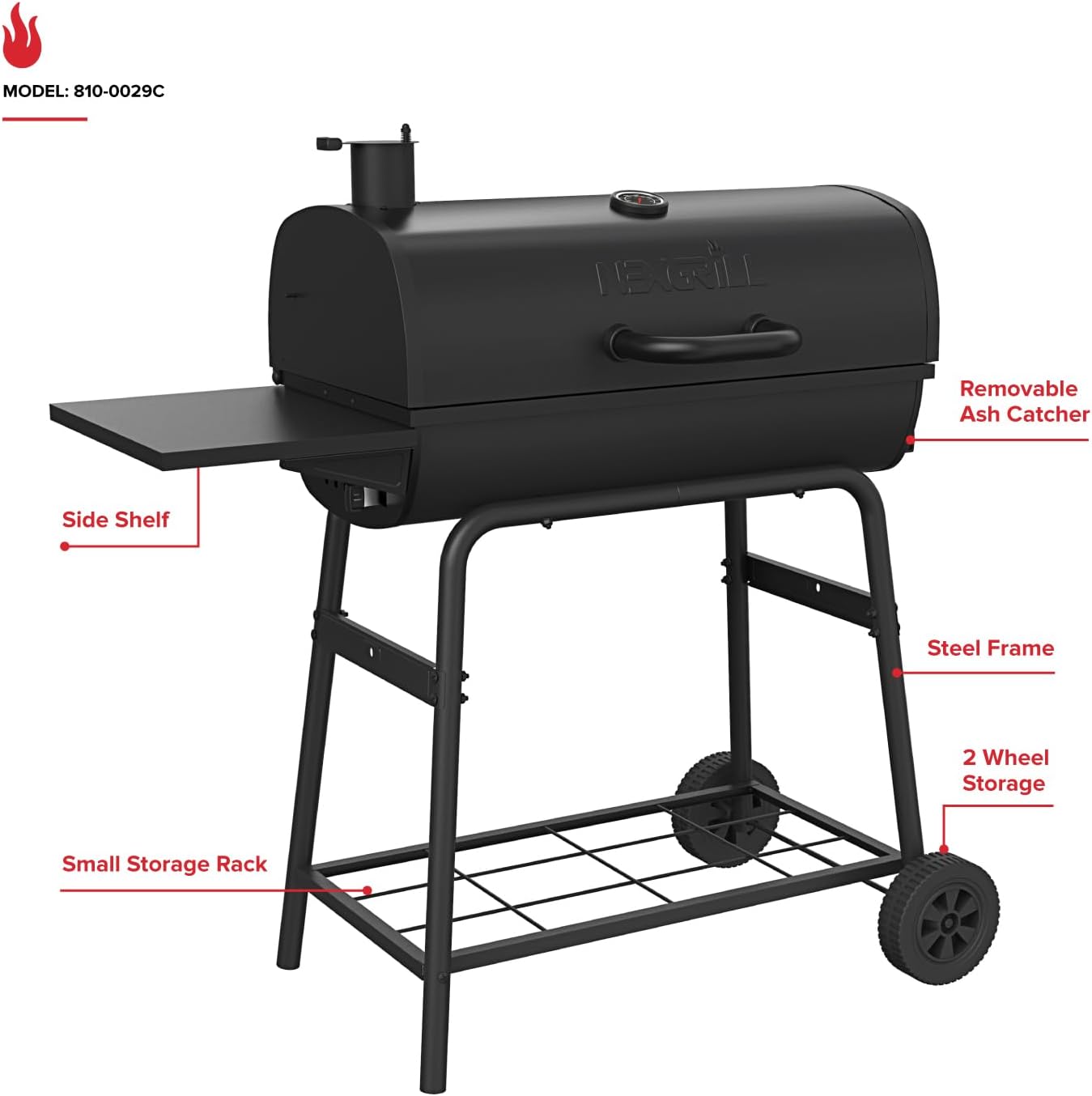 Nexgrill Premium 29' Charcoal Grill with Side Shelf, 552 SQ In Cooking Space, Adjustable Charcoal Tray, Chimney Air Vent, Warming Rack, Barrel Smoker Grill for Camping, Picnics, and More - 810-0029C
