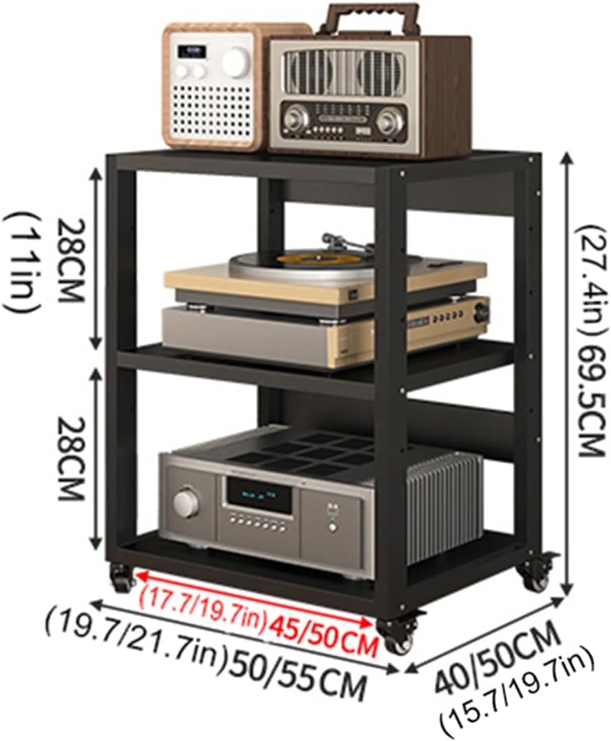 5-Tier Audio/Video Media Stand with Mobile Wheels - Multifunctional Stereo Rack for Home Office, Amplifier Cabinet, DVD/CD Player Storage, Open Shelf Design (3 Tier - 50x40x69.5cm)