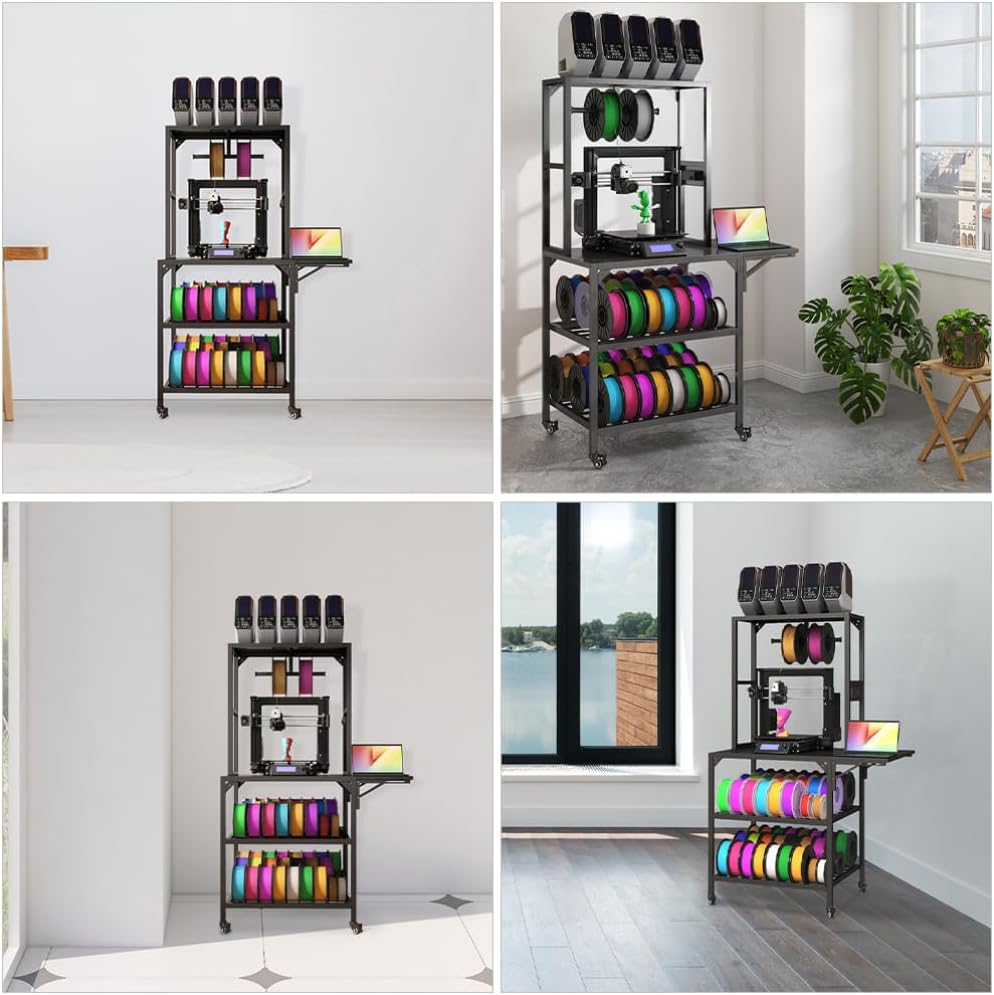 3D Printer Stand, Heavy Duty 3D Printer Table Stand with Double Layer Storage Rack, T-Shaped Spools Holder Rack with Wheels for Printing Studio, Home Office Workshop