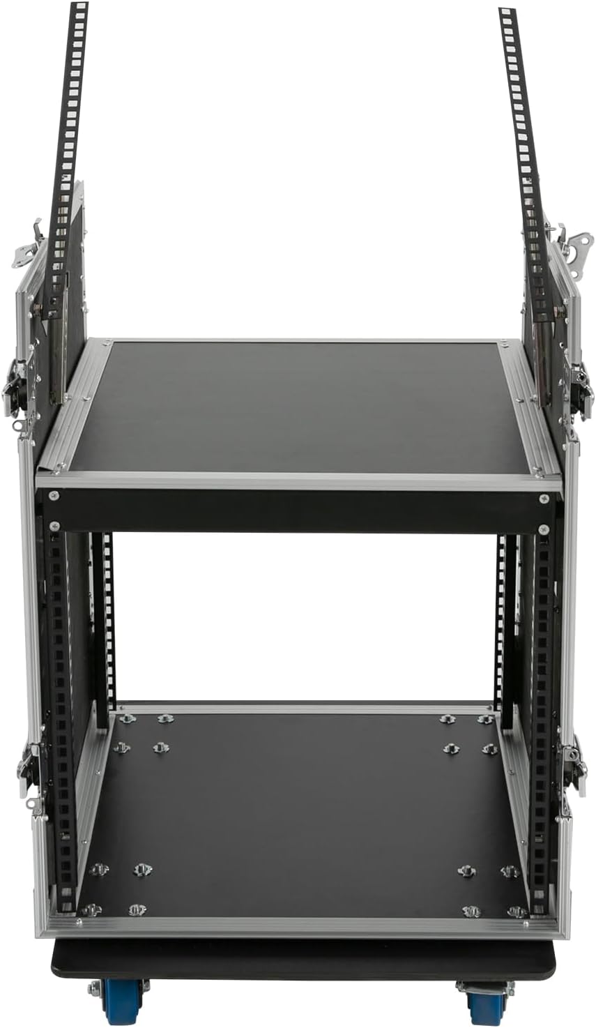 DYNAMI 10U PA DJ Rack with Wheels,2 Tier Pro DJ Mixer Stand Audio Rack Heavy Duty Road ATA Case, for Music Studio Booth Pro Audio Recording Cabinet Stage Equipment (10U PA DJ Rack)