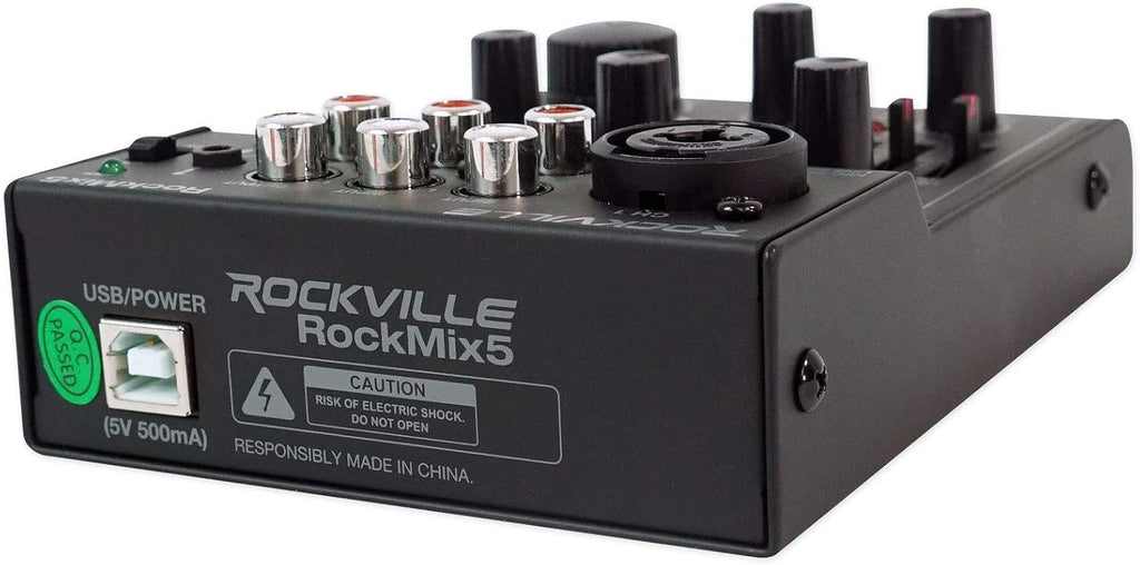 Rockville RockMix 5 Channel Pro Mixer Bundle PRO-M50 Headphones ROCKSHIELD Mic Isolation Shield RVES05 Stand + 512 Audio Warm Audio Skylight Microphone (5 Items)