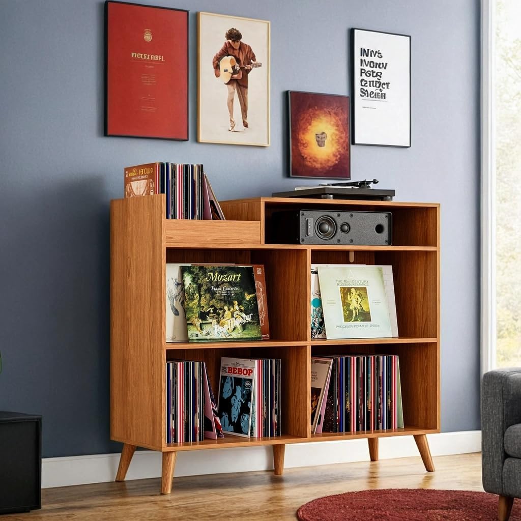 DIYART 3 Tier Large Record Player Stand with Power Outlet, Vinyl Record Storage Table Holds Up to 500 Albums, Mid-Century Turntable Stand, Brown