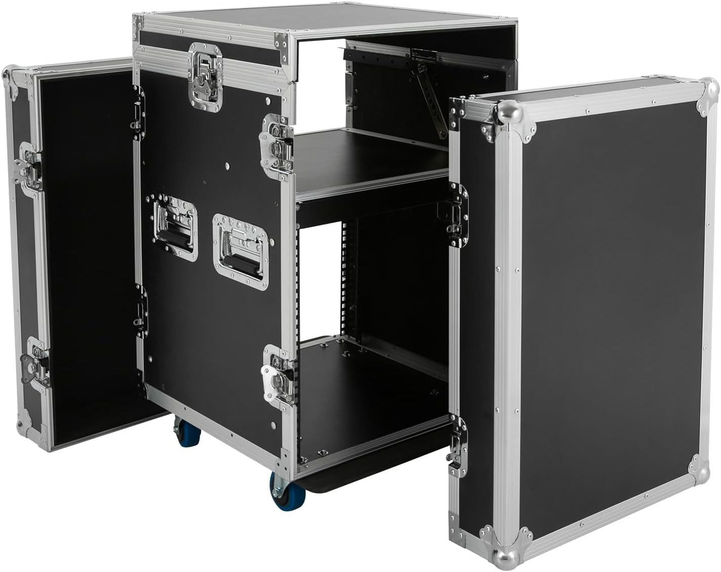 12U Mobile PA DJ Rack Road Case, Network & Stereo Rack with DJ Mixer Tops, Heavy-Duty 2-Tier Studio Equipment Cabinet with 4 Wheels, Amplifier Mixer Storage Stand for Live Sound, KTV, Home Theater