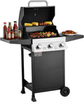 VEVOR Gas Grill, 3 Burner Propane Gas Grill with Spacious 338 SQ.In Grilling Area, Carbon Steel Enamel Grates, Outdoor 36,000 BTU Patio Garden BBQ Grills with Foldable Side Shelves, Carbon Steel