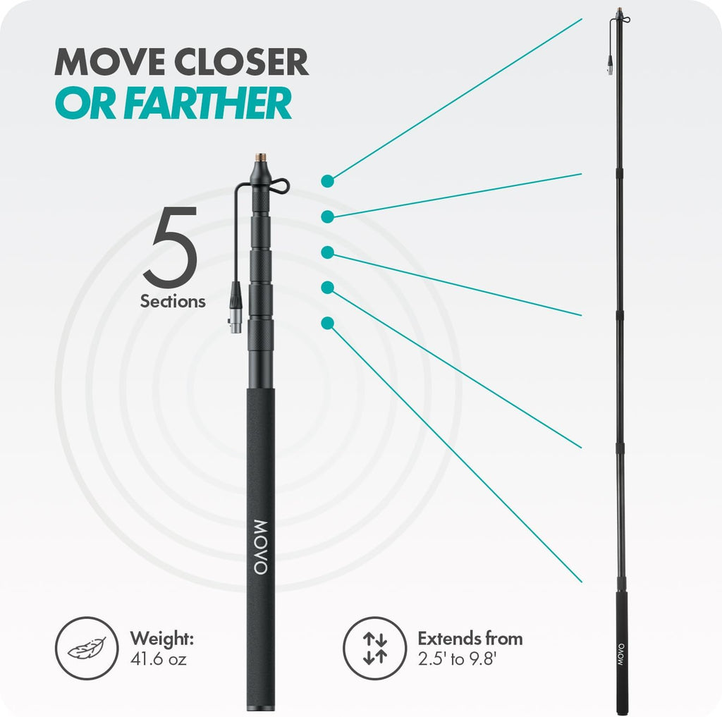 Movo CMP-17C Professional 9.8' Aluminum Boom Pole for Shotgun Microphones with Internal XLR Cable – Compatible with Rode NTG Series, Sennheiser MKE600, Audio-Technica AT875R & More