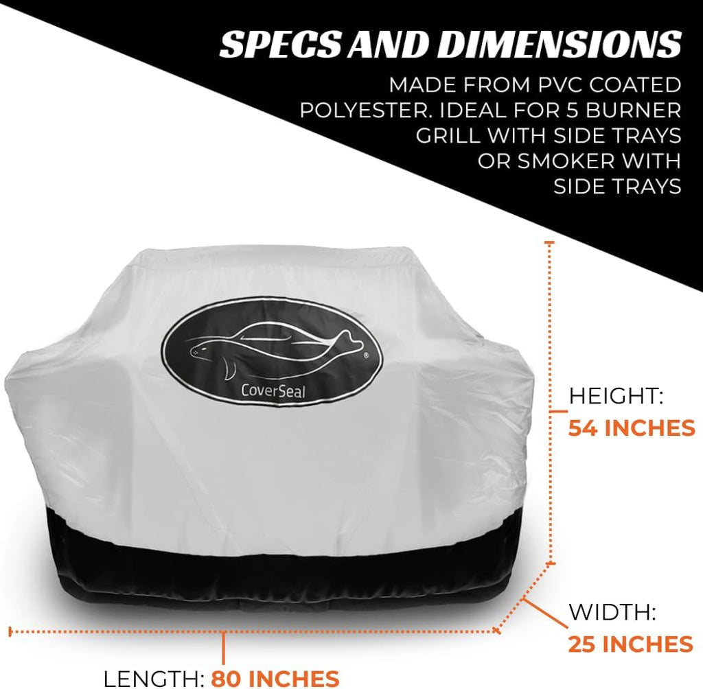 XL BBQ Grill Cover - Weather Resistant Outdoor Barbecue Apron for 5 Burner Grill with Side Trays - Compact Seal from Ground Up - Silver -72in L x 30in W x 48in H