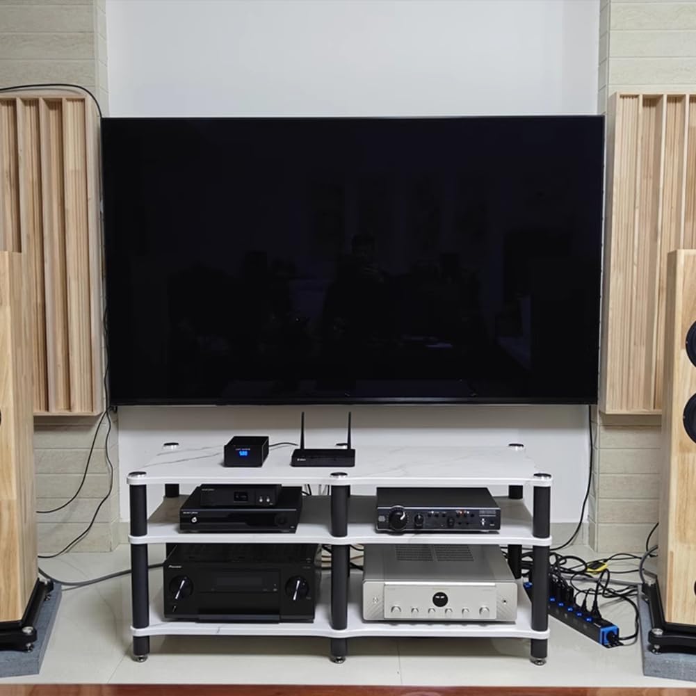 Modern Audio Video Stand, Open Vinyl Player Stand Stereo Cabinet, Thickened Steel Legs, Media Console Storage Shelf, Audio Video Components for TV and AV Equipment,2layer Black