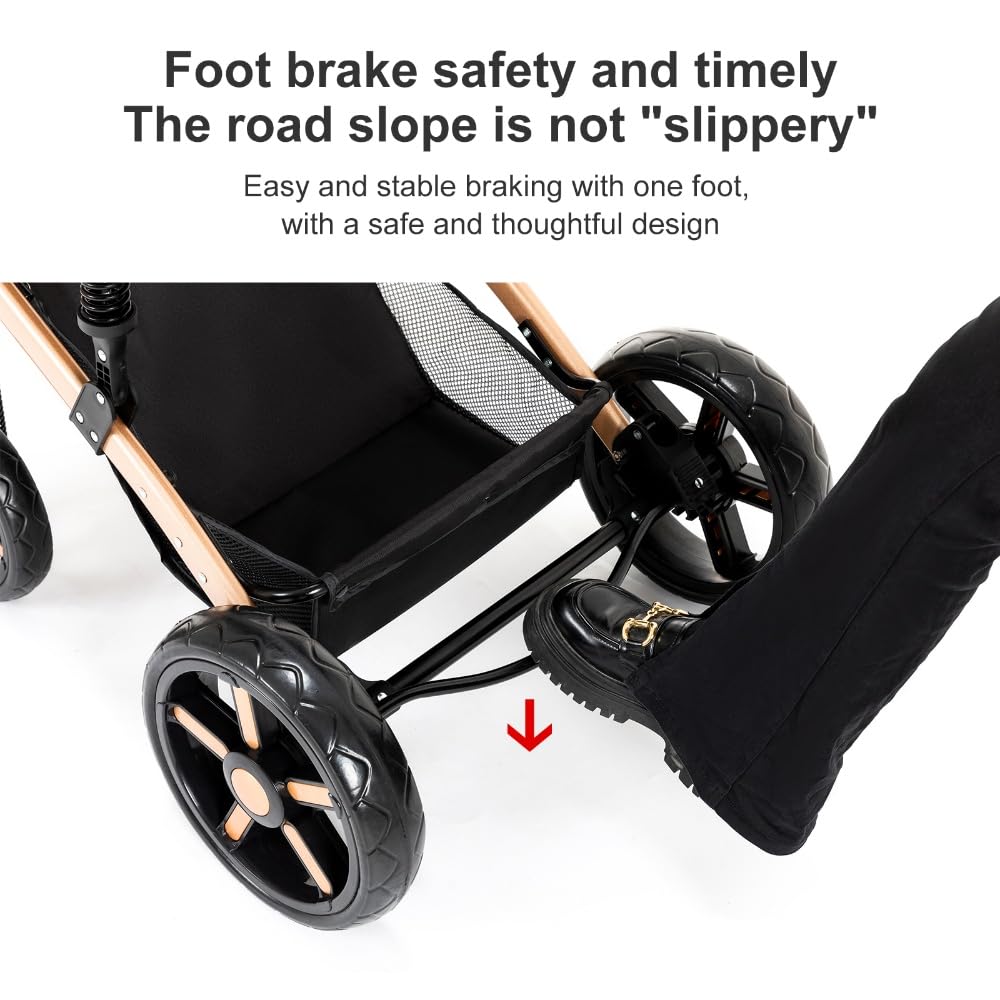 2 in 1 Baby Stroller,Convertible Infant Stroller for Newborn and Toddler with Triangular Frame & Dual Spring Suspension,One-Click Folding(Gold&Black)