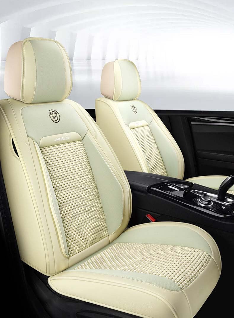 Lemon Yellow Car Seat Covers Full Set - Leather and Ice Silk Breathable Front and Rear Seat Covers for Women Men, Luxury Car Cushions
