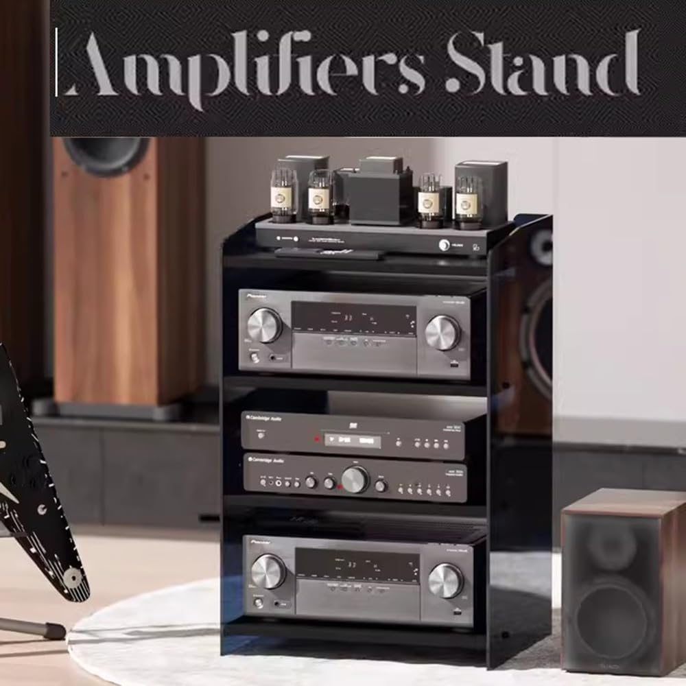Modern Media Storage Cabinet with Adjustable 3-Tier Shelves for Audio/Video Equipment, Stylish AV Stand for Record Player & Stereo Components (Acrylic & Black)