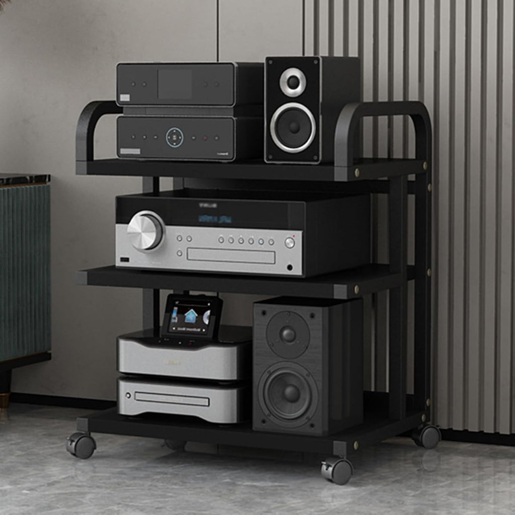 Black Record Player Shelf Movable, Media Stand DVD Audio Rack Floorstanding 3 4 5 Tier Component Storage Holder, Living Room Game Equipment Cabinet(Color:3 Tier 50x40x65cm)