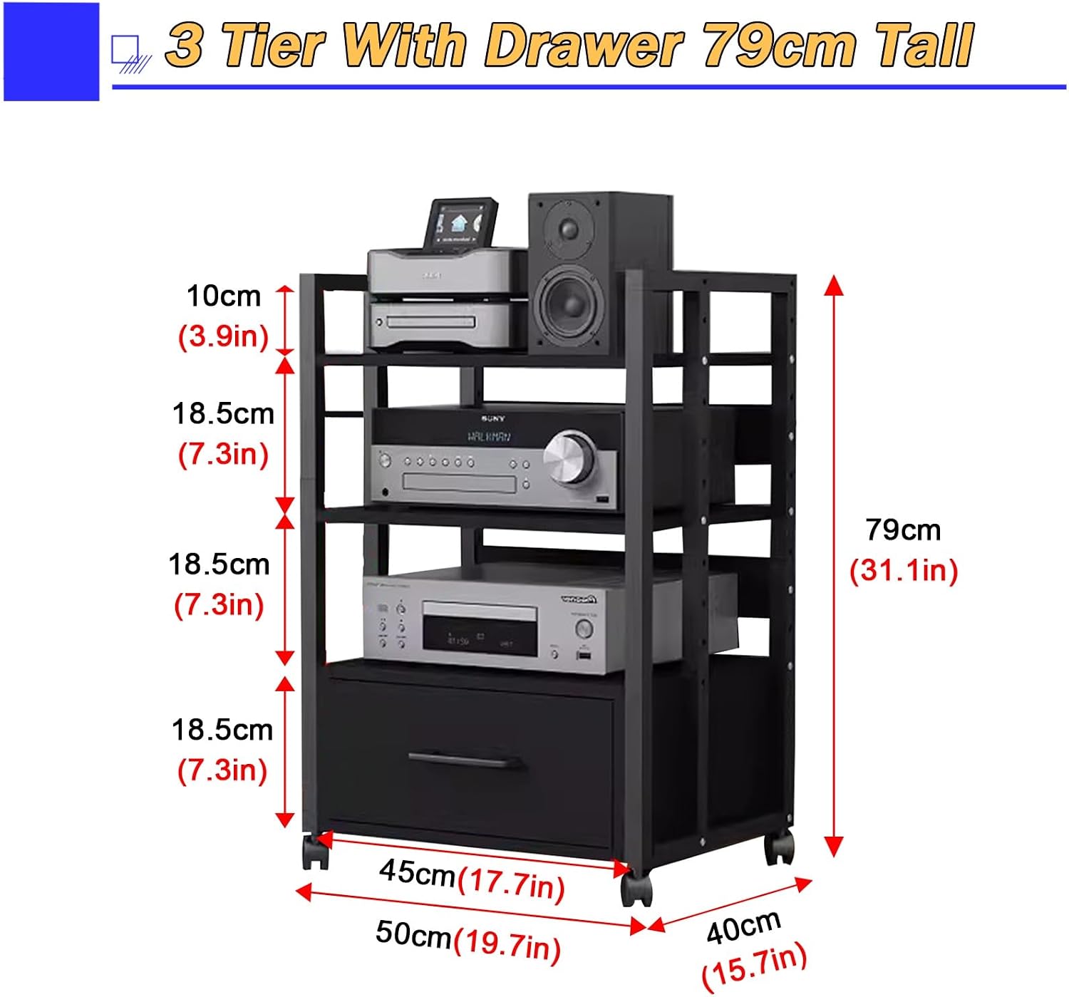 5/4/3/2-Tier AV Media Stand Vertical Storage Cabinet, Office Home Classroom Stereo Rack System Cabinet Adjustable, Mobile Audio Equipment Rack, Portable Record Player Amplifiers Shelf(3 Tier 79cm Tall