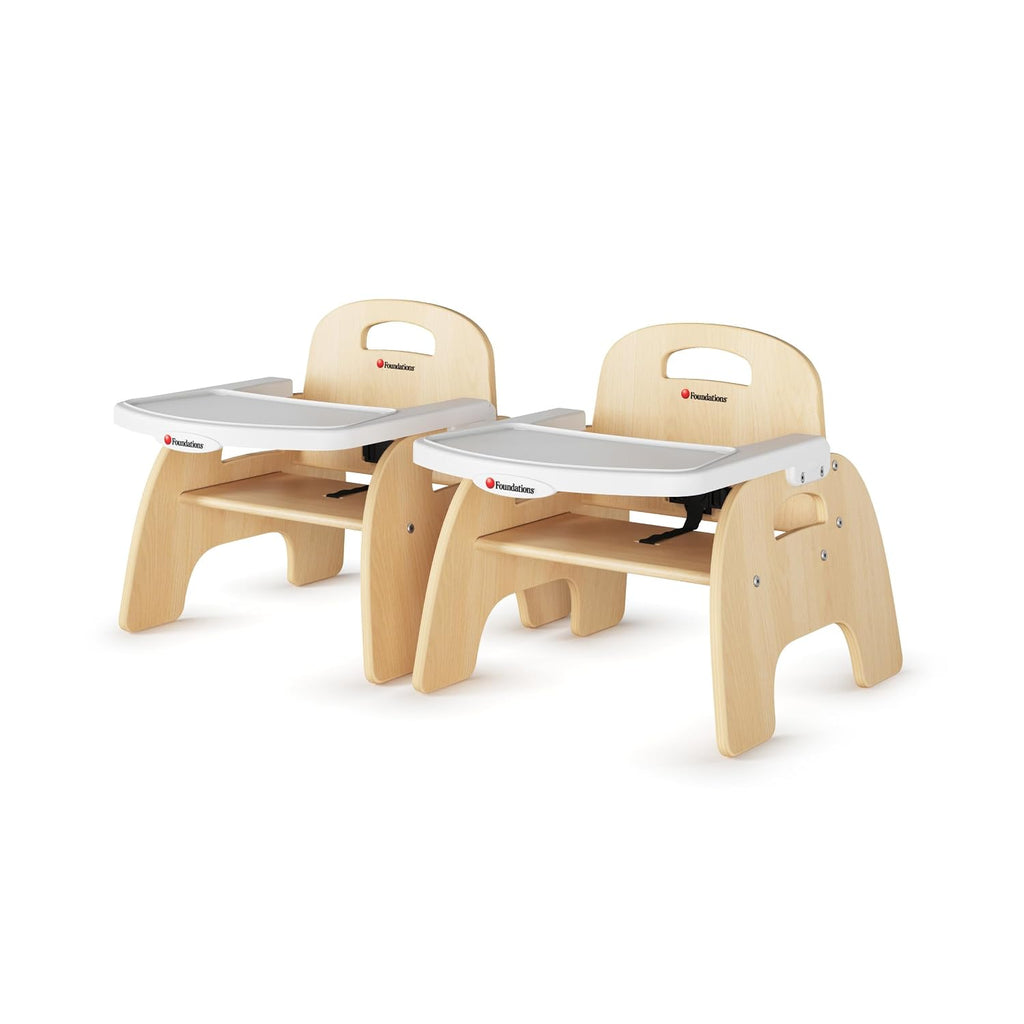 Foundations Easy Serve Low Wood Feeding Chairs Multipack, Adjustable Harness, Removable Dishwasher Safe Tray, No-Tip Base, Stackable Toddler Chairs, 2 Pack, 7 inch