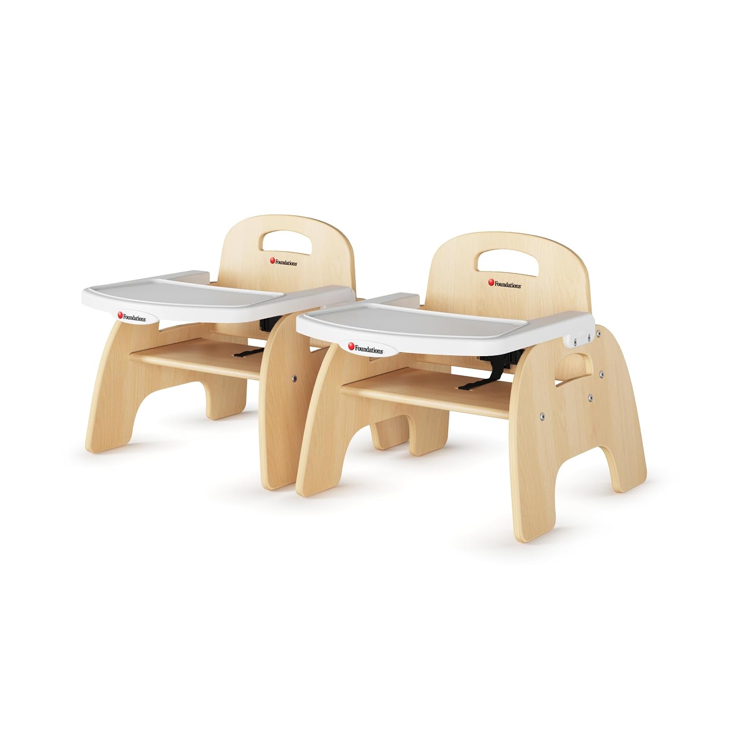 Foundations Easy Serve Low Wood Feeding Chairs Multipack, Adjustable Harness, Removable Dishwasher Safe Tray, No-Tip Base, Stackable Toddler Chairs, 2 Pack, 7 inch