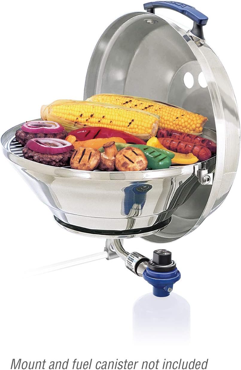 Magma A10-205 Marine Kettle Portable Gas Grill - Stainless Steel BBQ for Boats - Wind-Resistant Design, Safe Propane Connection, Stay Cool Handle - 15' Diameter