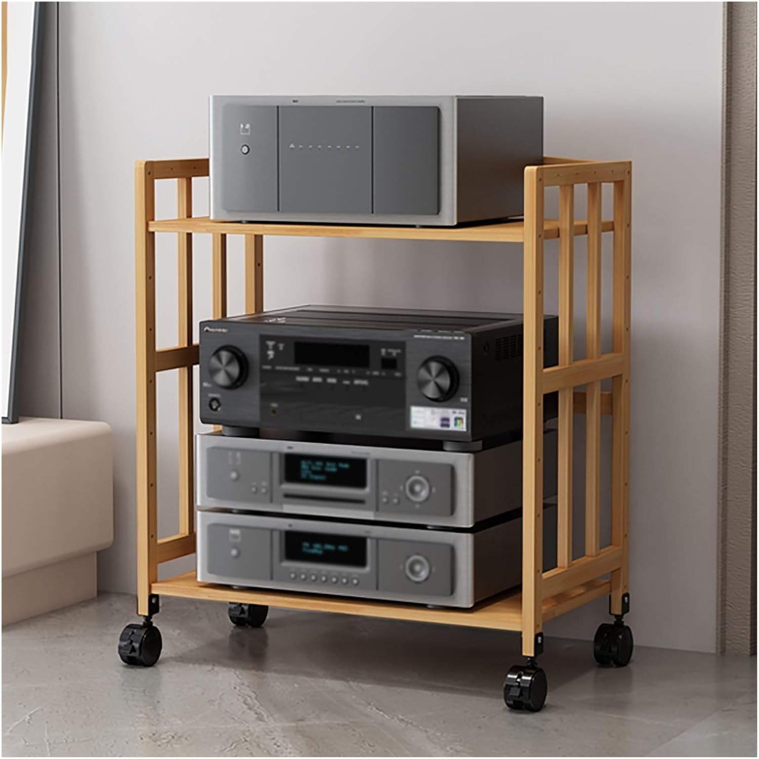 HiFi Multimedia Storage Cabinet - Adjustable Audio-Video Shelves with Casters 2-Tier Stereo Equipment Rack & Mobile Storage for Home Theater 50cm Wide Stylish & Functional.