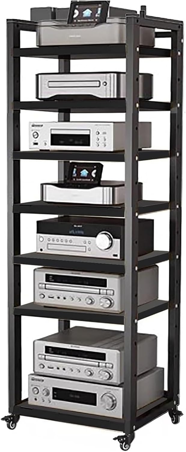 Audio Equipment Rolling Cart 5 6 7 8 Tier Media Storage Shelf for Radio - Stereo - TV Box - Cable Box - WiFi Router - Stereo Cabinet Wood, Multi-Function Open Storage Rack,Black(7 tier -50X40X161CM)
