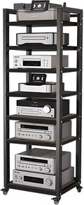 Audio Equipment Rolling Cart 5 6 7 8 Tier Media Storage Shelf for Radio - Stereo - TV Box - Cable Box - WiFi Router - Stereo Cabinet Wood, Multi-Function Open Storage Rack,Black(7 tier- 60X40X161CM)
