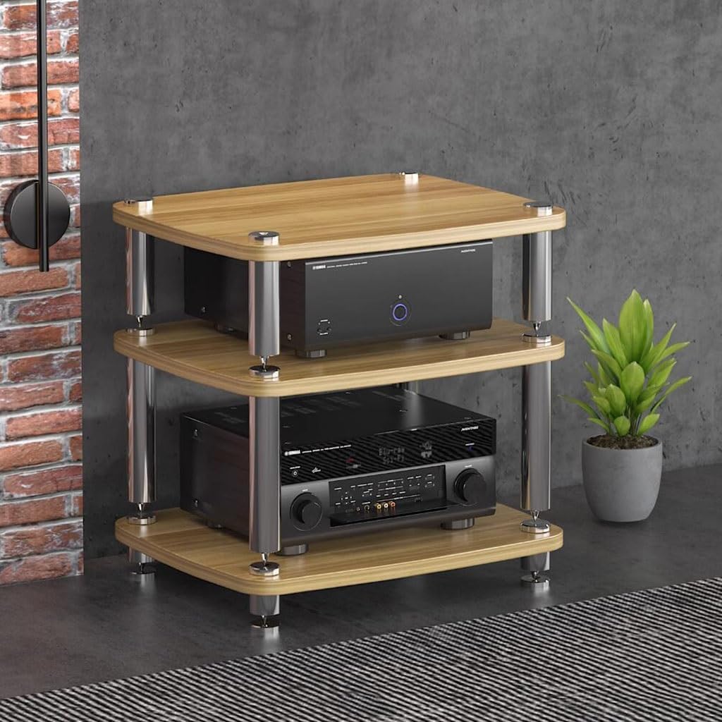 4 Layer Audio Cabinet Stand Record Player Stand Audio Rack with Shock Absorbing Feet Power Amplifier Shelf Equipment Cabinet White 60 * 48 * 10Cm Tier 1,Wood Color,60 * 48 * 57cm(3Tier)