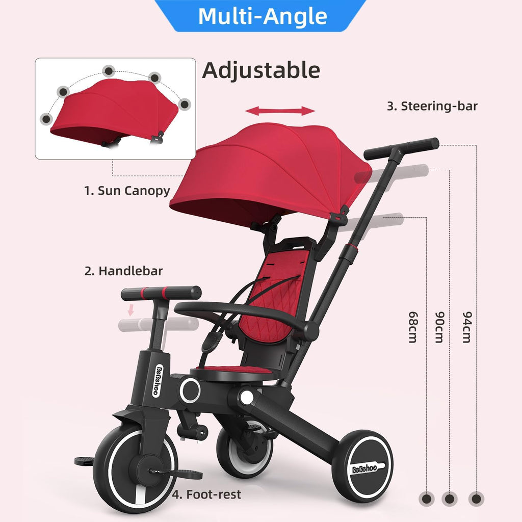 Tricycle Stroller for Toddler,Foldable Baby Tricycle,Kids Balance Bike with Push Handle,Toddlers Stroller Bike with 1 to 5 Years,7-in-1 Push Tricycle Bike for Kids (Red)