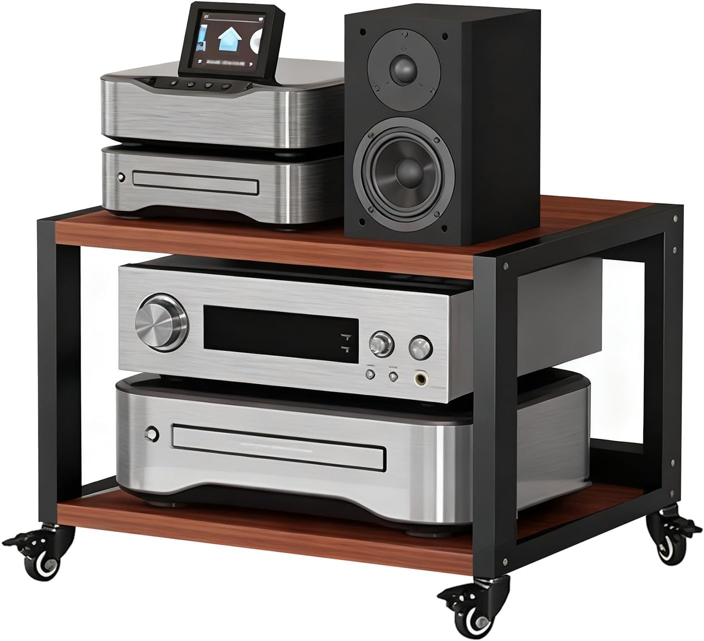 2/3/4/5-Tier Audio Component Rack with Wheels, Heavy Duty AV Media Stand HiFi Amplifier Rack, Home Storage for Record Player, Audio/Video Equipment(Black+Brown,L55xW50xH45cm)