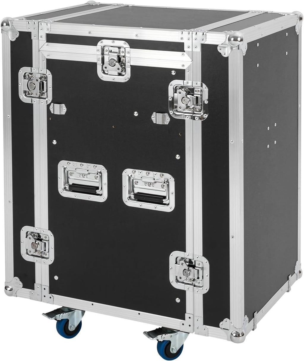 12U Mobile PA DJ Rack Road Case, Network & Stereo Rack with DJ Mixer Tops, Heavy-Duty 2-Tier Studio Equipment Cabinet with 4 Wheels, Amplifier Mixer Storage Stand for Live Sound, KTV, Home Theater