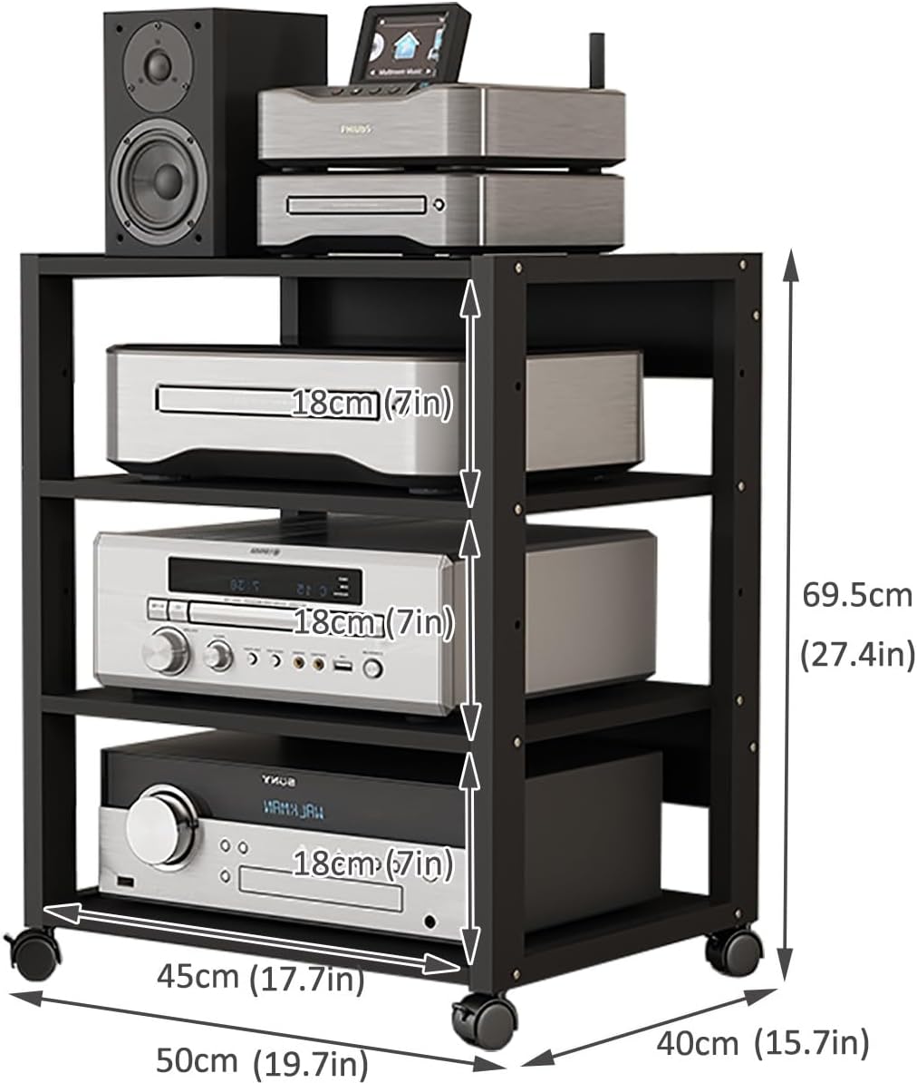 AV Media Tower Stereo Cabinet, 3/4/5 Tier Floor-Standing Audio Rack CD DVD Record Player Stand, Movable Corner Storage Shelf with Wheels for Home Theater, Black(4 Tier)