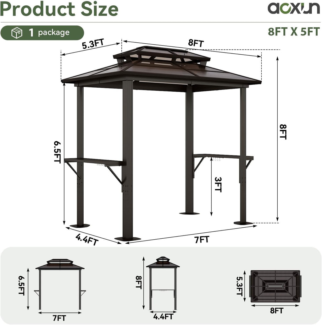 Aoxun Grill Gazebo 8 x 5FT, Aluminum BBQ Gazebo with Double Polycarbonate Top, Grill Canopy Hardtop with Shelves for Lawn, Patio, Garden