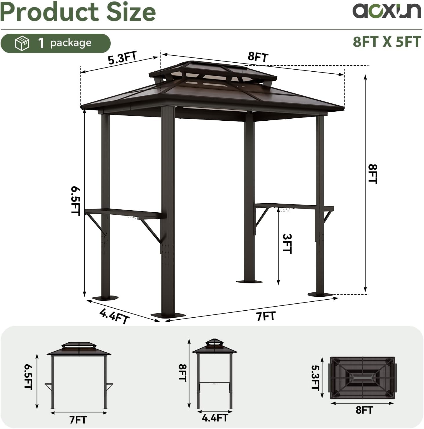 Aoxun Grill Gazebo 8 x 5FT, Aluminum BBQ Gazebo with Double Polycarbonate Top, Grill Canopy Hardtop with Shelves for Lawn, Patio, Garden
